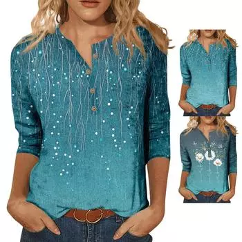 Женская мода цветочный принт 7/10 рукав свободный круглый вырез топ L циан