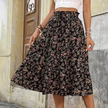 Женская мода цветочный принт эластичный пояс свободная юбка трапециевидной формы S чёрный