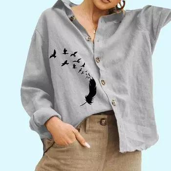 Женская мода Цветочный принт Блузка Дамы Хлопок Льняной Топ Повседневная рубашка на пуговицах S белый