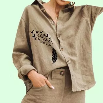 Женская мода Цветочный принт Блузка Дамы Хлопок Льняной Топ Повседневная рубашка на пуговицах S белый