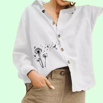 Женская мода Цветочный принт Блузка Дамы Хлопок Льняной Топ Повседневная рубашка на пуговицах S белый