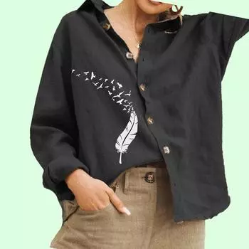 Женская мода Цветочный принт Блузка Дамы Хлопок Льняной Топ Повседневная рубашка на пуговицах S белый