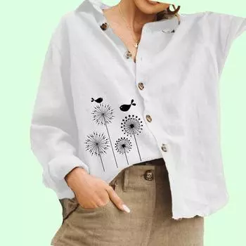 Женская мода Цветочный принт Блузка Дамы Хлопок Льняной Топ Повседневная рубашка на пуговицах S белый