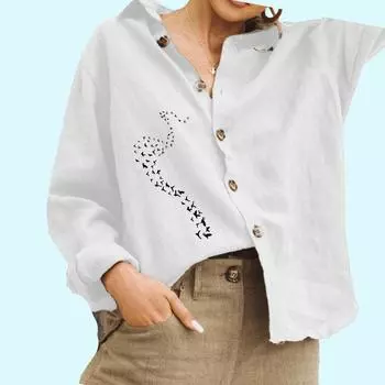 Женская мода Цветочный принт Блузка Дамы Хлопок Льняной Топ Повседневная рубашка на пуговицах S белый