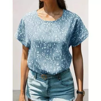 Женская мода Цветочный принт Блузка Рубашки Повседневные рубашки с коротким рукавом и круглым вырезом Женские летние базовые рубашки S
