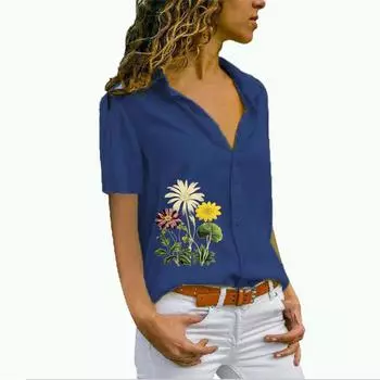 Женская мода цветочный принт короткий рукав блузка дамы шифоновый топ повседневная рубашка на пуговицах S белый