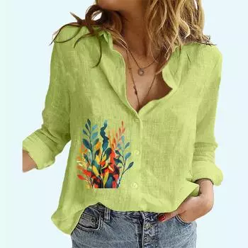 Женская мода Цветочный принт рубашка свободный хлопок лен длинный рукав топ дамы повседневные блузки на пуговицах S белый