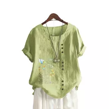 Женская мода цветочный принт топ летняя повседневная круглая горловина короткий рукав футболка женские свободные блузки плюс размер топ S коричневый