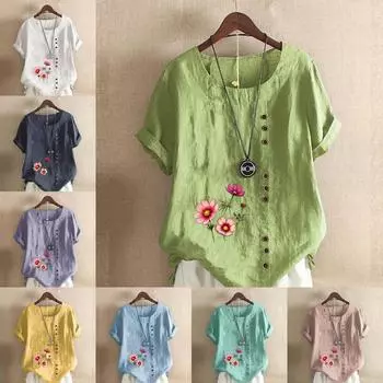 Женская мода Цветы Printed короткий рукав футболка свободная хлопковая рубашка повседневная свободная летняя блузка топы S розовый