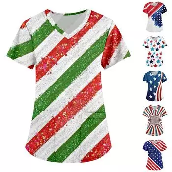 Женская мода День независимости Печатные топы с короткими рукавами и V-образным вырезом Карманные рабочие футболки L синий