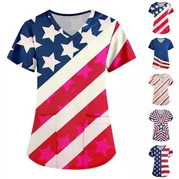 Женская мода День независимости Печатные топы с короткими рукавами и V-образным вырезом Карманные рабочие футболки XXL синий