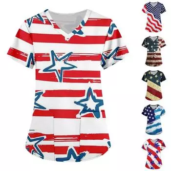 Женская мода День независимости Печатные топы с короткими рукавами и V-образным вырезом Карманные рабочие футболки L синий