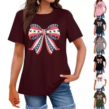 Женская мода День независимости принт круглый вырез короткий рукав повседневная футболка топ M чёрный