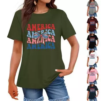 Женская мода День независимости принт круглый вырез короткий рукав повседневная футболка топ M чёрный