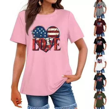 Женская мода День независимости принт круглый вырез короткий рукав повседневная футболка топ M винный