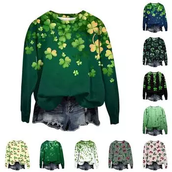 Женская мода День Святого Патрика Печатный Длинный рукав Свободный круглый вырез Толстовка Топ Осень XXXL синий
