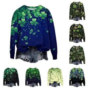 Женская мода День Святого Патрика Печатный Длинный рукав Свободный круглый вырез Толстовка Топ Осень M