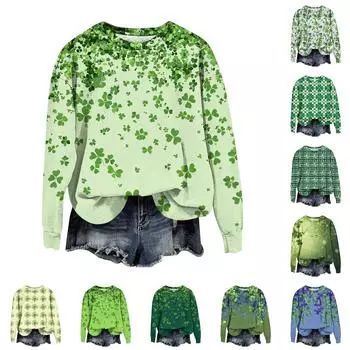 Женская мода День Святого Патрика Печатный Длинный рукав Свободный круглый вырез Толстовка Топ Осень L