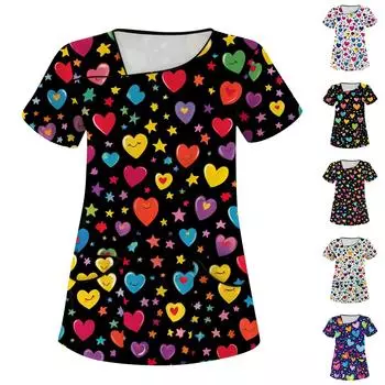 Женская мода День святого Валентина Любовь Печатный короткий рукав Уход за рабочей одеждой с двойными карманами Топ XXL