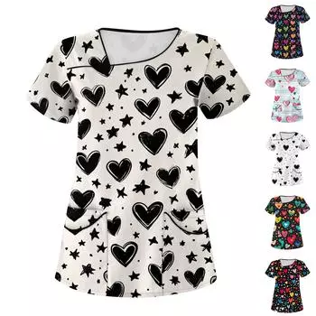 Женская мода День святого Валентина Любовь Печатный короткий рукав Уход за рабочей одеждой с двойными карманами Топ XL