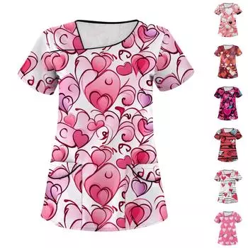 Женская мода День святого Валентина Любовь Печатный короткий рукав Уход за рабочей одеждой с двойными карманами Топ XXXXXL красный