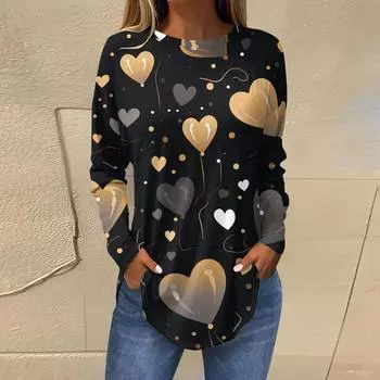 Женская мода День святого Валентина Любовь Сердце Принт Длинный рукав Свободный круглый вырез Длинная футболка Топ L чёрный