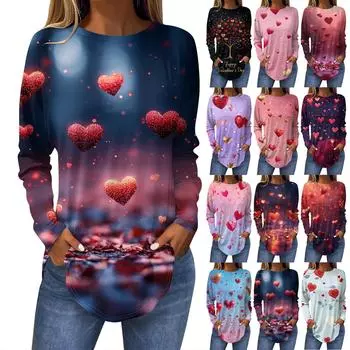 Женская мода День святого Валентина Любовь Сердце Принт Длинный рукав Свободный круглый вырез Длинная футболка Топ M