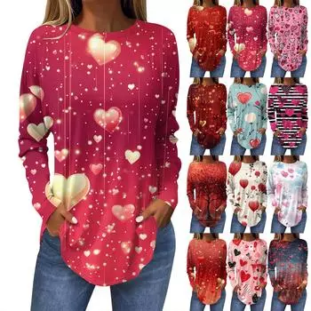 Женская мода День святого Валентина Любовь Сердце Принт Длинный рукав Свободный круглый вырез Длинная футболка Топ L