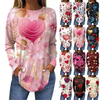 Женская мода День святого Валентина Любовь Сердце Принт Длинный рукав Свободный круглый вырез Длинная футболка Топ M