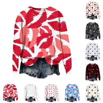 Женская мода День святого Валентина Печатный длинный рукав свободный круглый вырез толстовка Топ осень S