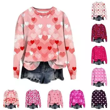 Женская мода День святого Валентина Печатный длинный рукав свободный круглый вырез толстовка Топ осень XL фиолетовый
