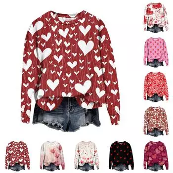 Женская мода День святого Валентина Печатный длинный рукав свободный круглый вырез толстовка Топ осень M