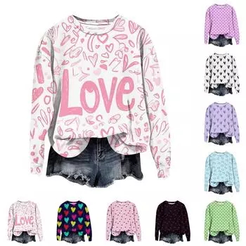 Женская мода День святого Валентина Печатный длинный рукав свободный круглый вырез толстовка Топ осень XXL белый