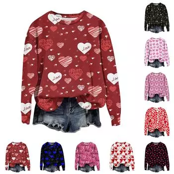 Женская мода День святого Валентина Печатный длинный рукав свободный круглый вырез толстовка Топ осень S киноварь