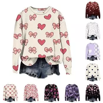 Женская мода День святого Валентина Печатный длинный рукав свободный круглый вырез толстовка Топ осень XXL синий