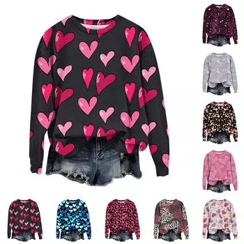 Женская мода День святого Валентина Печатный длинный рукав свободный круглый вырез толстовка Топ осень S