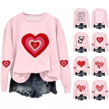 Женская мода День святого Валентина Печатный длинный рукав свободный круглый вырез толстовка Топ осень M