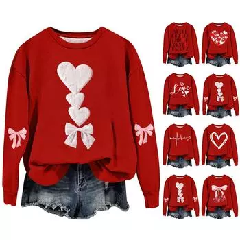 Женская мода День святого Валентина Печатный длинный рукав свободный круглый вырез толстовка Топ осень XXXXXL красный