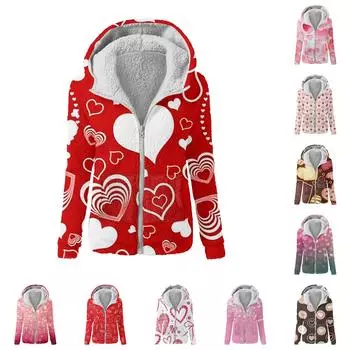 Женская мода День святого Валентина Печатный свитшот Свободный капюшон Плюшевая куртка на молнии Топ XXL