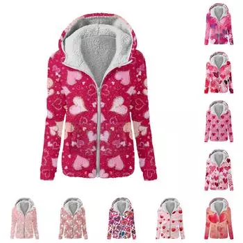 Женская мода День святого Валентина Печатный свитшот Свободный капюшон Плюшевая куртка на молнии Топ S