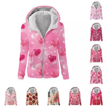 Женская мода День святого Валентина Печатный свитшот Свободный капюшон Плюшевая куртка на молнии Топ M коричневый