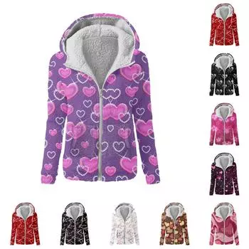 Женская мода День святого Валентина Печатный свитшот Свободный капюшон Плюшевая куртка на молнии Топ M
