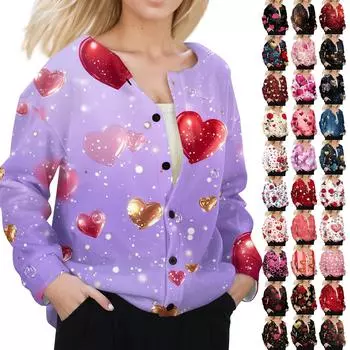 Женская мода День святого Валентина принтованный длинный рукав кардиган куртка на пуговицах L чёрный