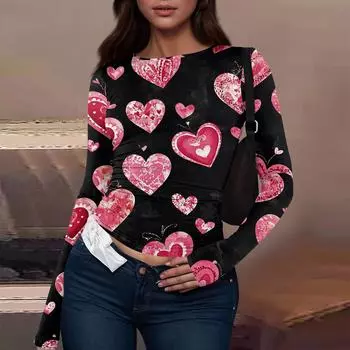 Женская мода День святого Валентина принтованный круглый вырез длинный рукав футболка топ L чёрный