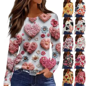 Женская мода День святого Валентина принтованный круглый вырез повседневный длинный рукав топ L