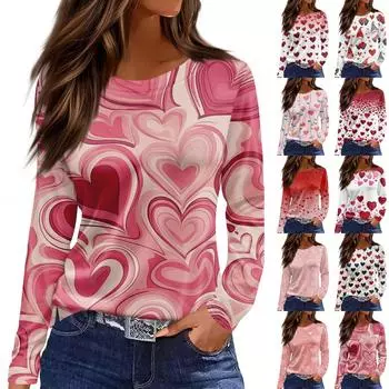 Женская мода День святого Валентина принтованный круглый вырез повседневный длинный рукав топ L чёрный