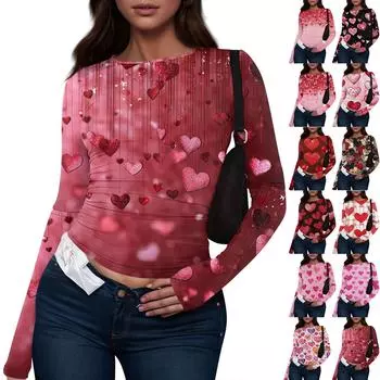 Женская мода День святого Валентина принтованный круглый вырез длинный рукав футболка топ L чёрный