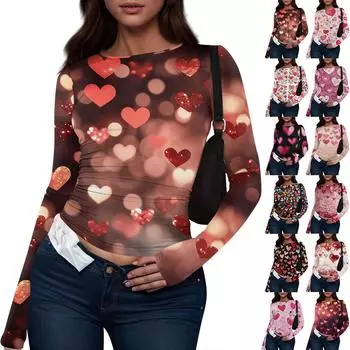 Женская мода День святого Валентина принтованный круглый вырез длинный рукав футболка топ L чёрный