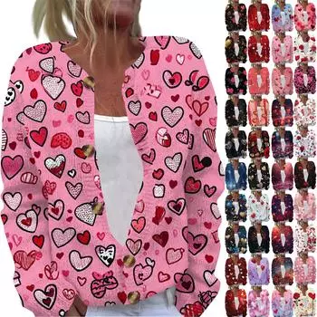 Женская мода День святого Валентина Сердце Принт Длинный рукав Вязаный кардиган Куртка на пуговицах L бежевый