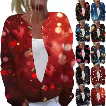 Женская мода День святого Валентина Сердце Принт Длинный рукав Вязаный кардиган Куртка на пуговицах L чёрный